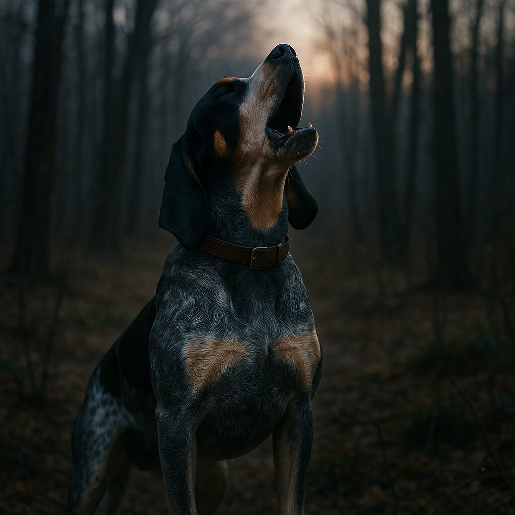 Bluetick Coonhound chantant dans une forêt, gorge gonflée et tête levée vers la nuit