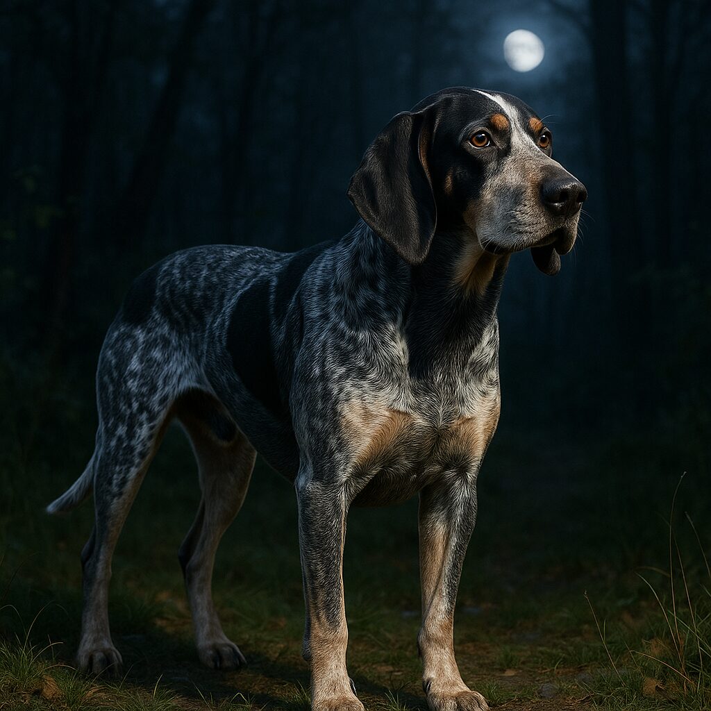 Bluetick Coonhound debout la nuit dans une clairière, poil tacheté et regard attentif