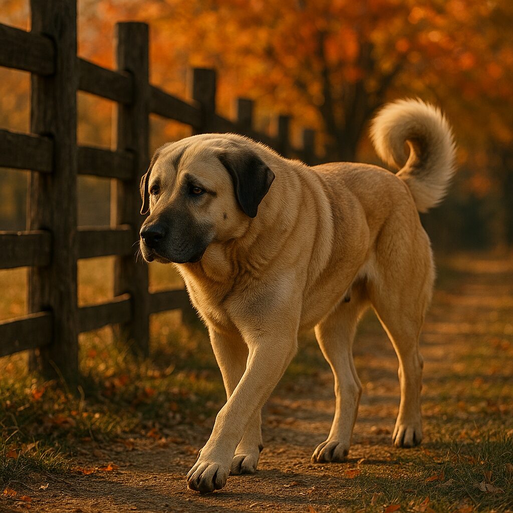 Anatolian Shepherd marchant le long d’une clôture de ferme