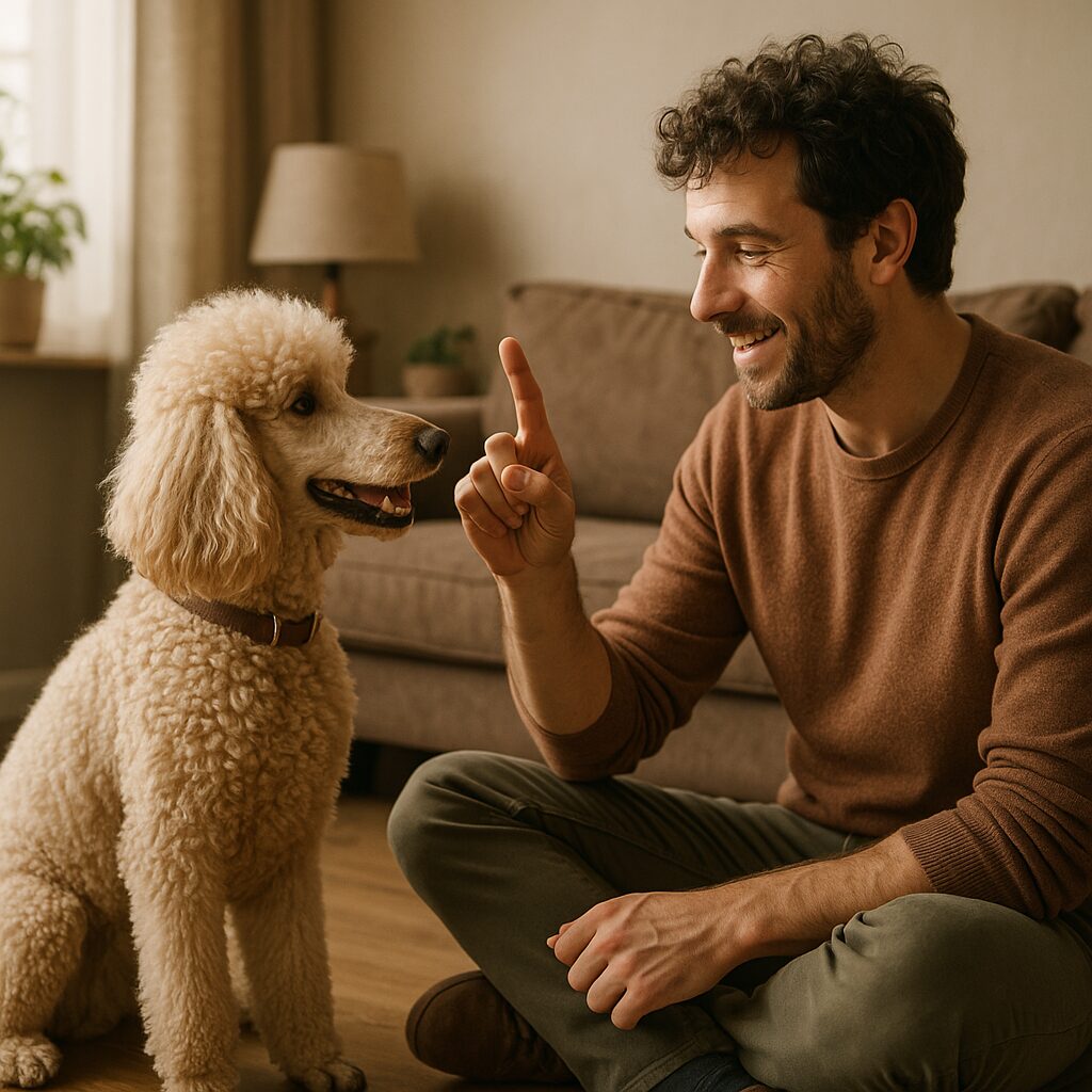 Chien caniche royal apprenant un nouveau tour avec son maître