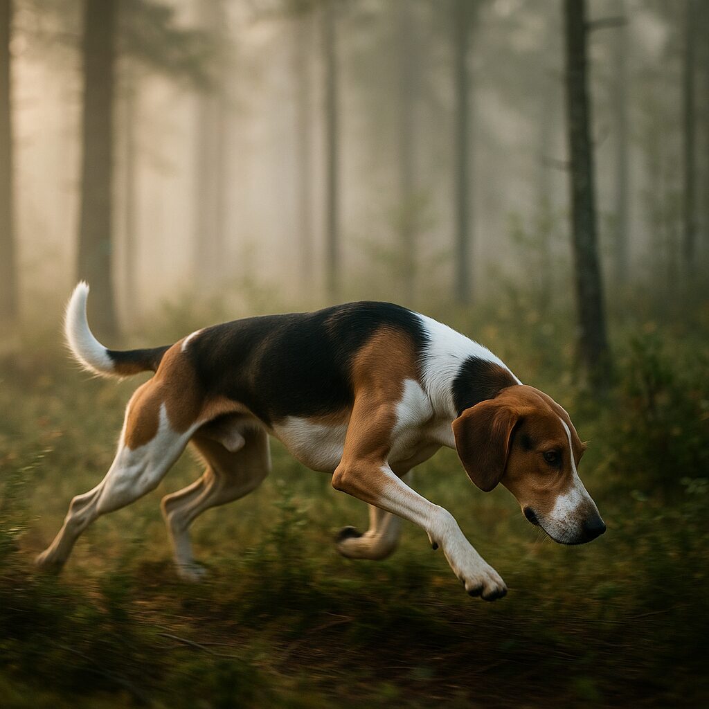 Estonian Hound courant dans une forêt estonienne, museau au sol