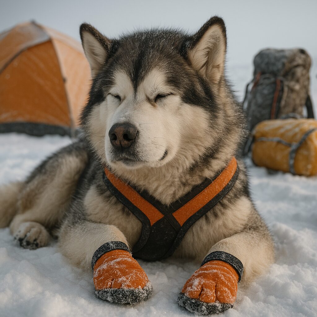 Alaskan Malamute reposant près d'un campement sur banquise, harnais et bottines visibles