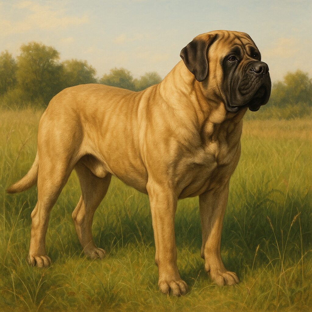 Portrait d’un Mastiff Anglais debout dans un champ, mettant en évidence sa carrure imposante