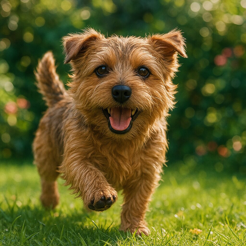 Norfolk Terrier jouant dans un jardin verdoyant
