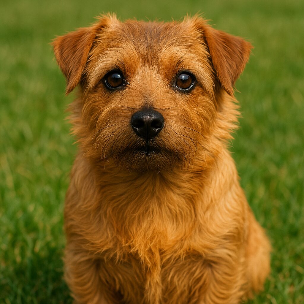 Portrait attentif d’un Norfolk Terrier sur fond de pelouse
