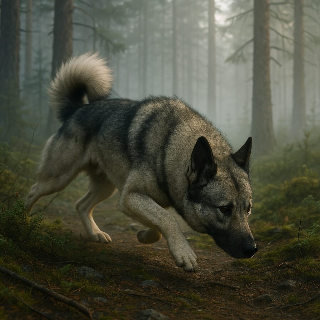 Norwegian Elkhound en train de chasser dans une forêt nordique