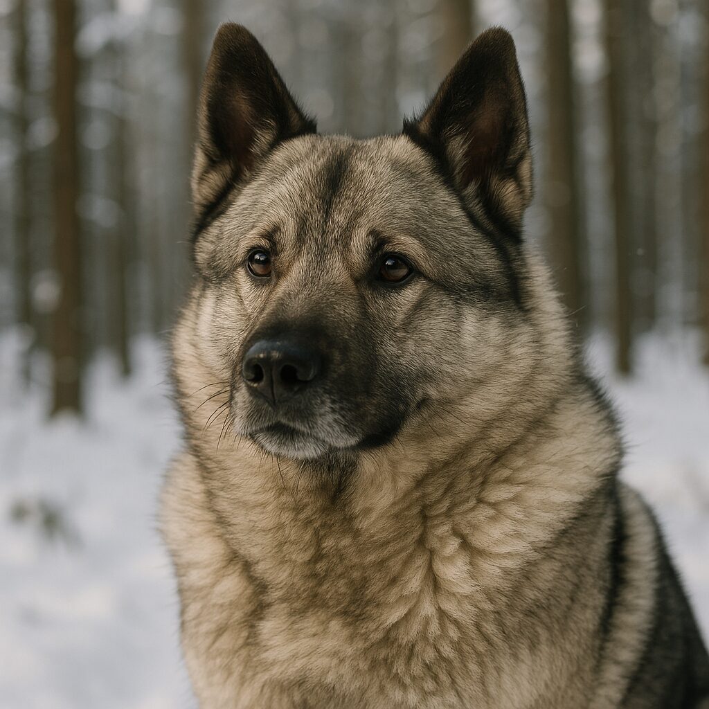 Norwegian Elkhound au pelage gris dans une forêt enneigée