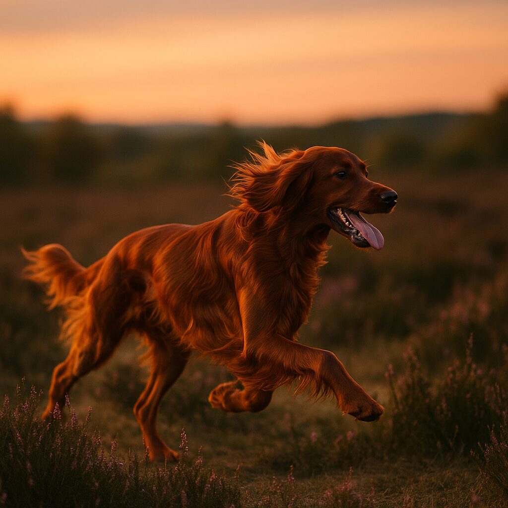 Setter Irlandais galopant dans un champ, robe rousse brillante