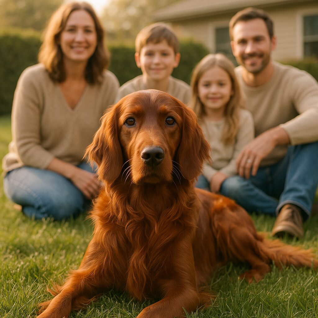 Setter Irlandais au repos auprès d'une famille, pelage roux lumineux