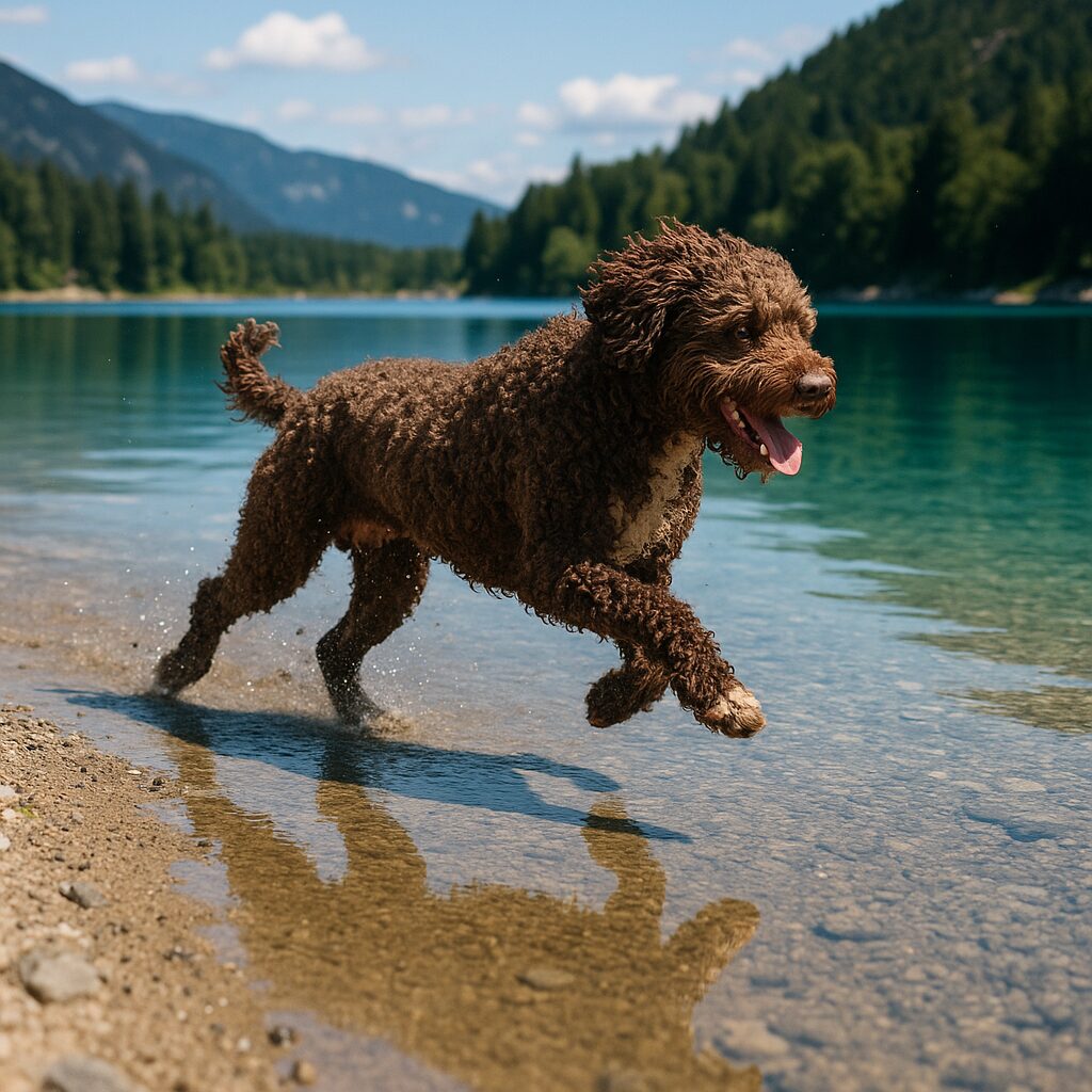 Chien Spanish Water Dog courant au bord d'un lac