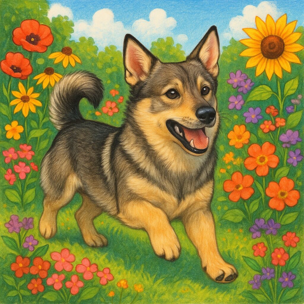 Swedish Vallhund jouant dans un jardin fleuri