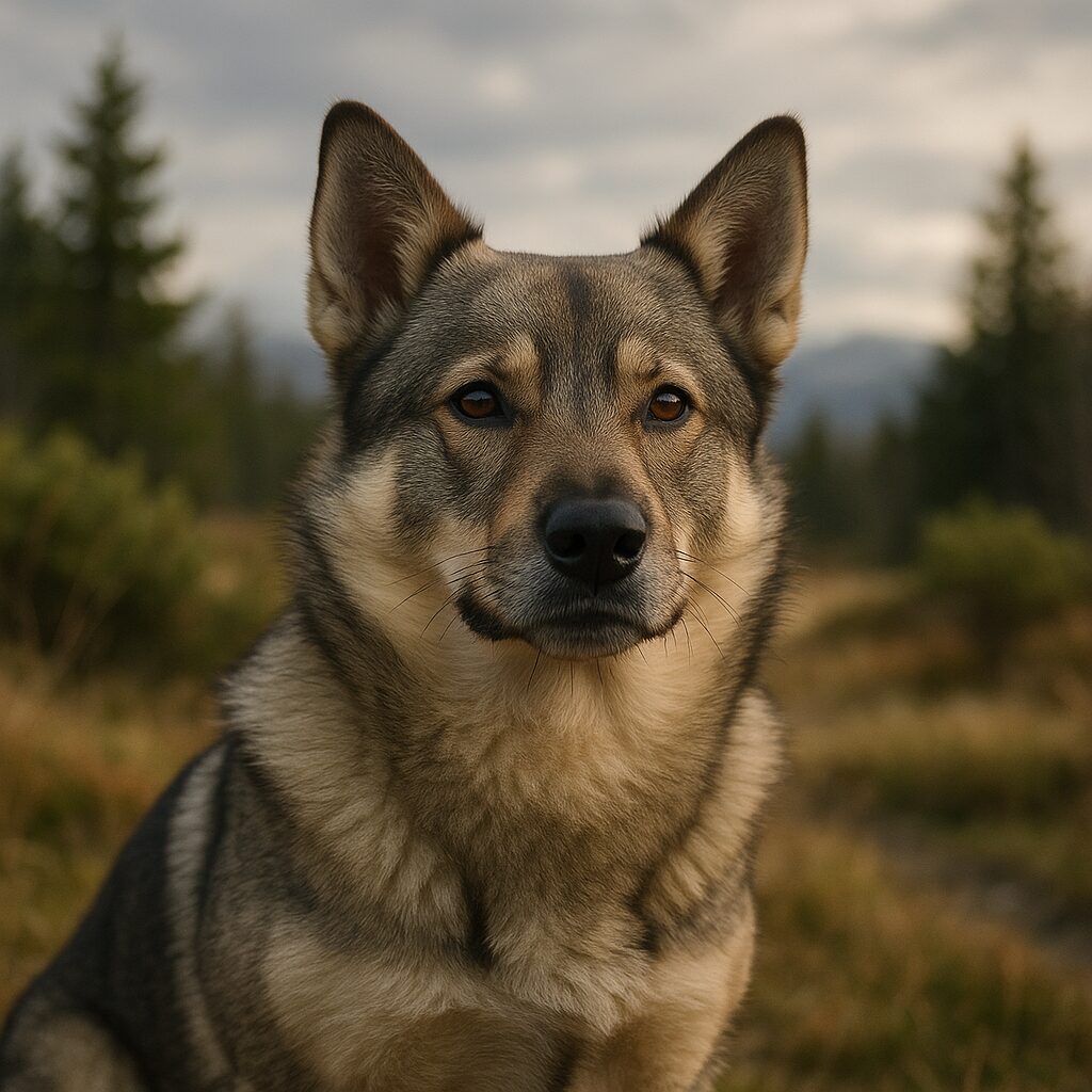 Portrait d’un Swedish Vallhund Labrador sur fond naturel