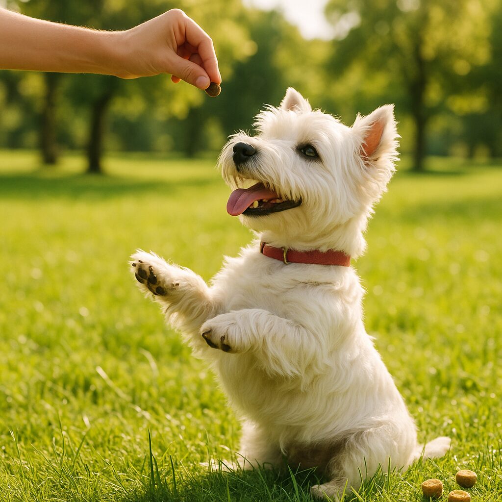 Westie apprenant un ordre au parc