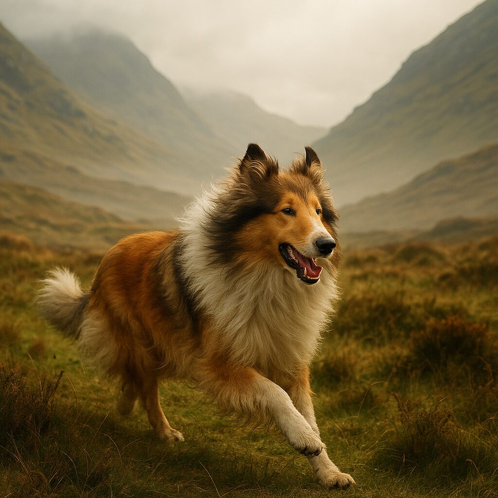Collie Rough courant dans les Highlands écossais
