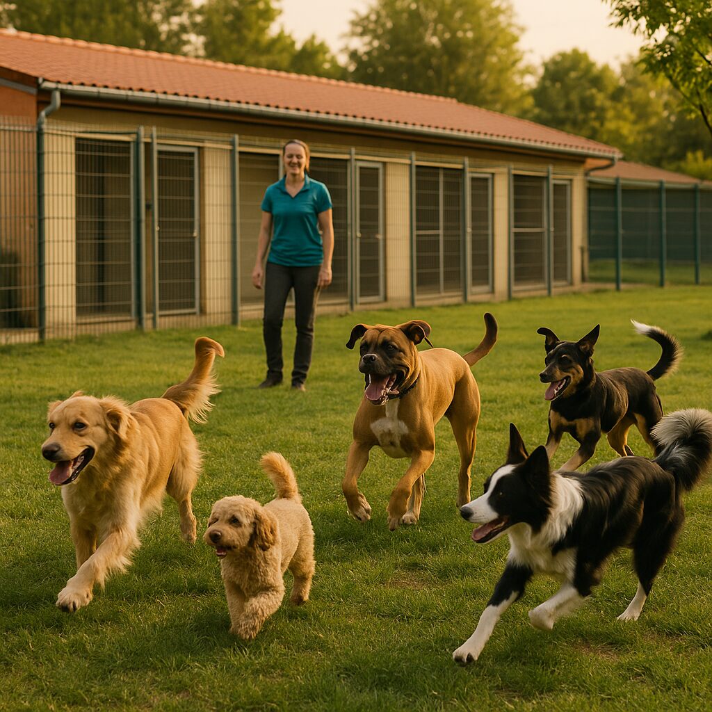 Chiens jouant dans un parc sécurisé d'une pension canine à Toulouse