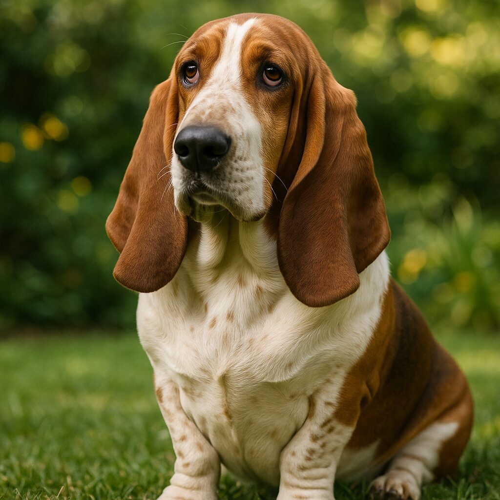 Basset Hound assis dans un jardin montrant ses longues oreilles et son regard doux.