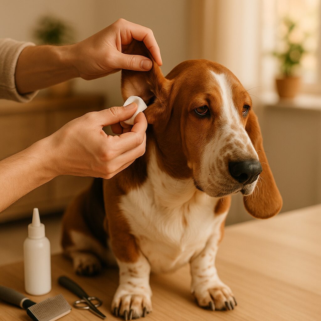 Propriétaire nettoyant les oreilles d'un Basset Hound à la maison