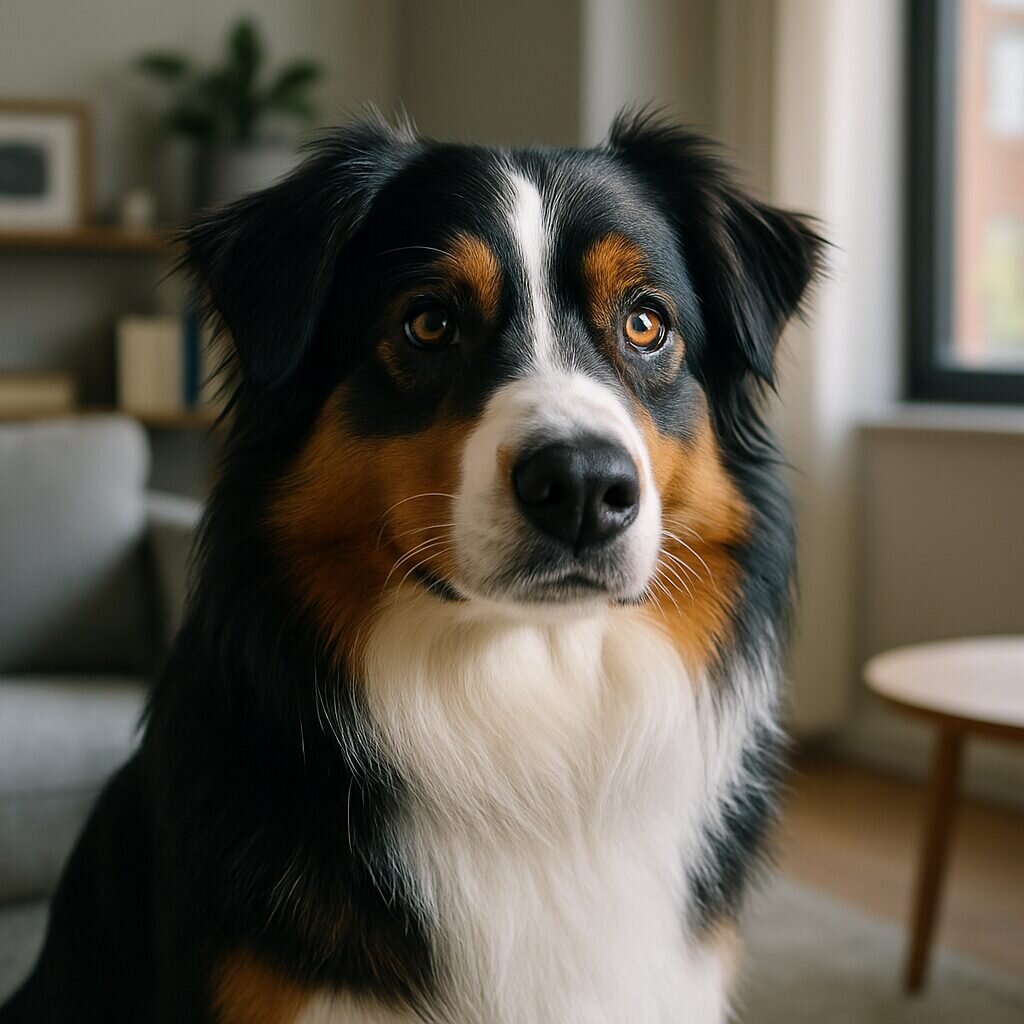 Berger Australien de race pure assis dans salon moderne, pelage multicolore brillant