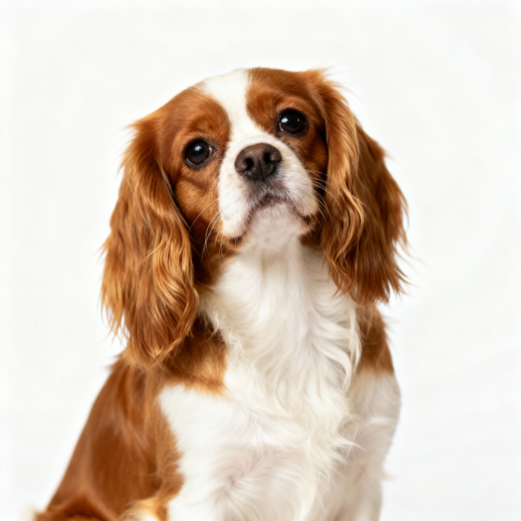 Cavalier King Charles marron et blanc assis, grands yeux doux, expression douce