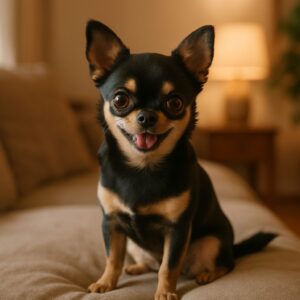 Chihuahua noir et tan assis sur coussin confortable, expression ludique