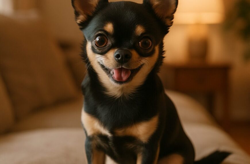 Chihuahua noir et tan assis sur coussin confortable, expression ludique