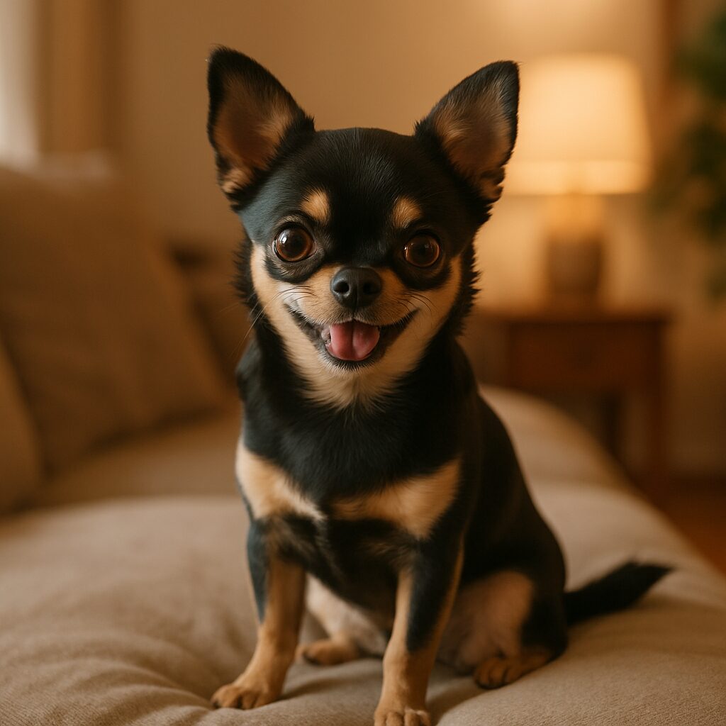 Chihuahua noir et tan assis sur coussin confortable, expression ludique