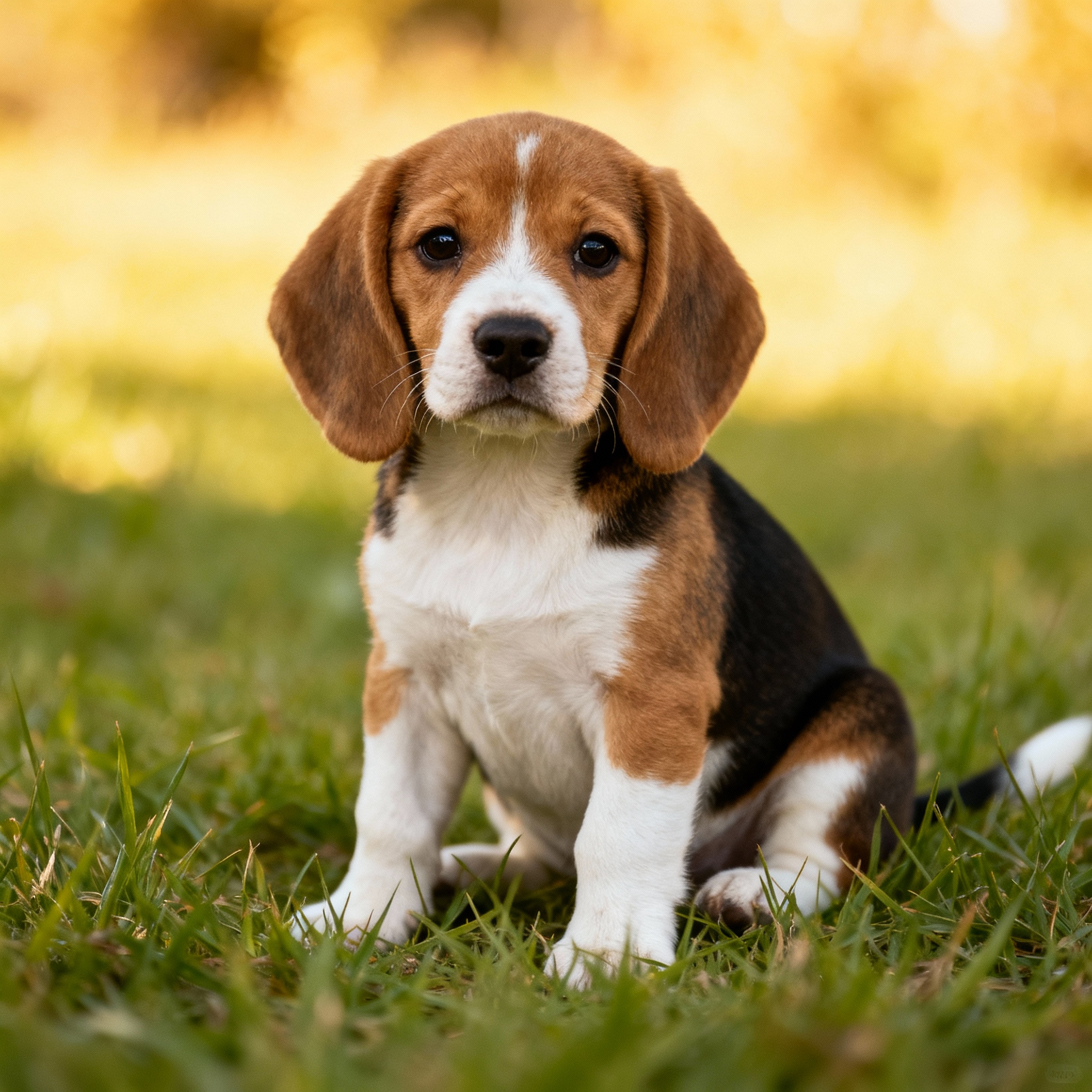 Chiot Beagle tricolore marron blanc noir assis sur herbe, grandes oreilles tombantes
