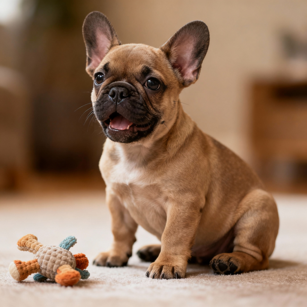 Chiot Bouledogue Français fauve oreilles chauve-souris assis, expression ludique, jouet proche