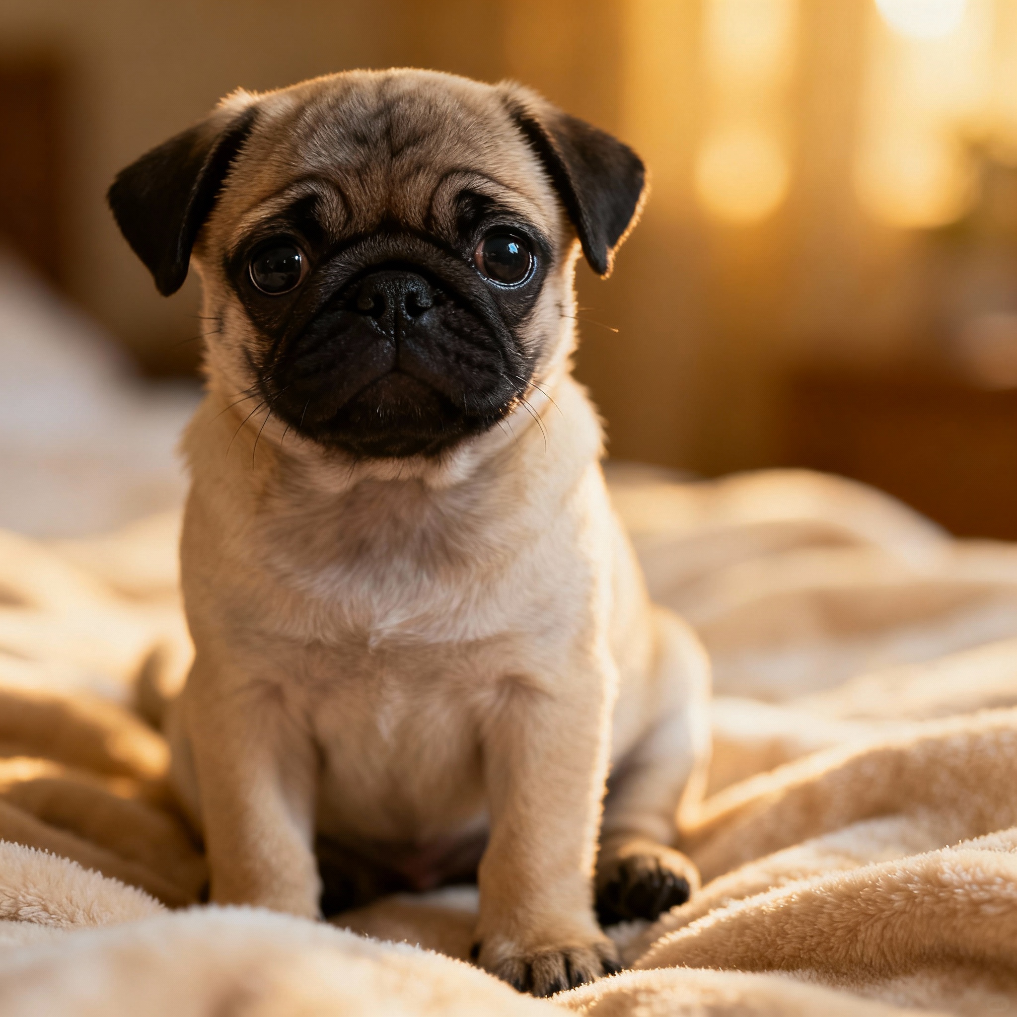 Chiot Carlin noir rond assis sur couverture moelleuse, yeux grands, expression adorable