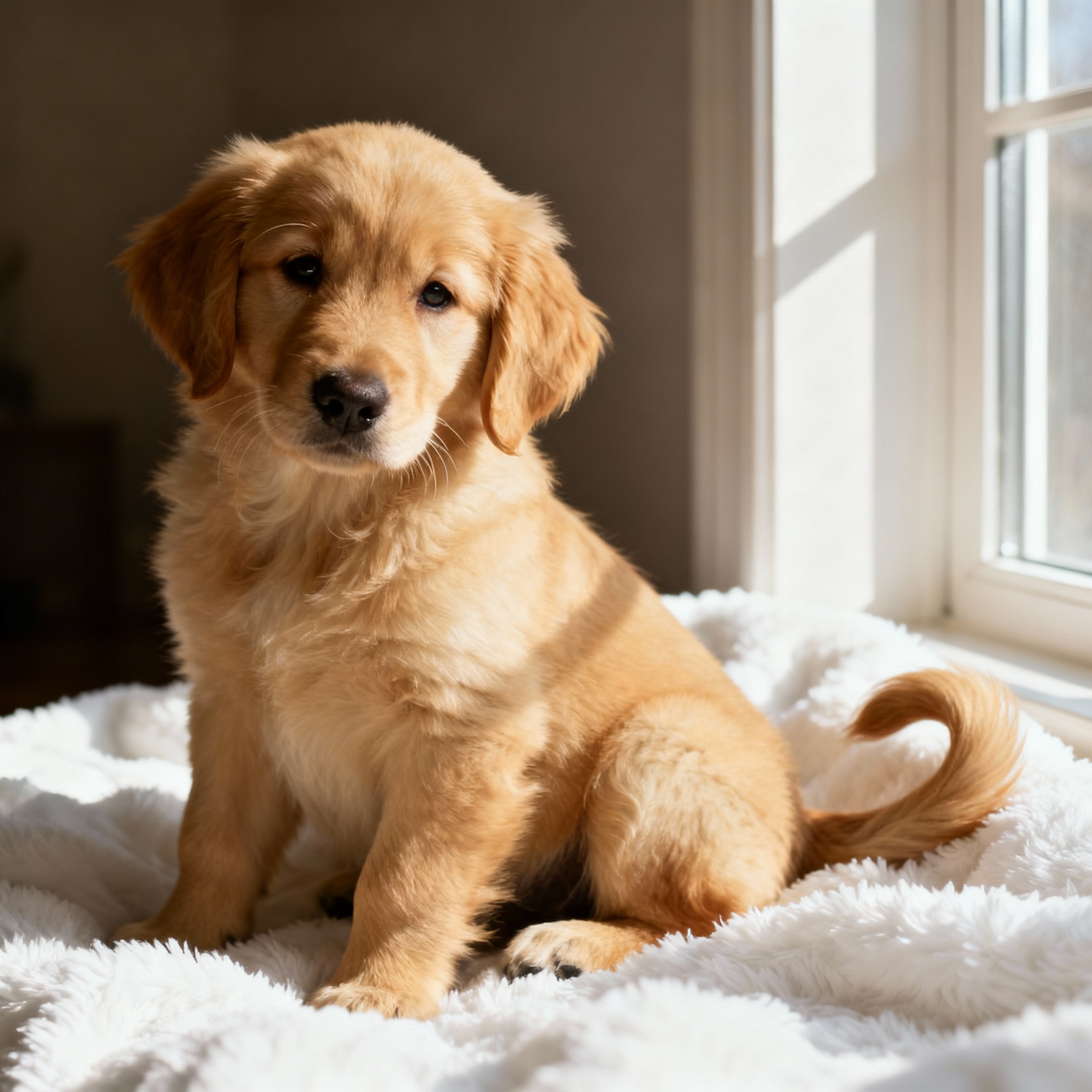 Chiot Golden Retriever doré sur couverture blanche moelleuse, lumière chaude