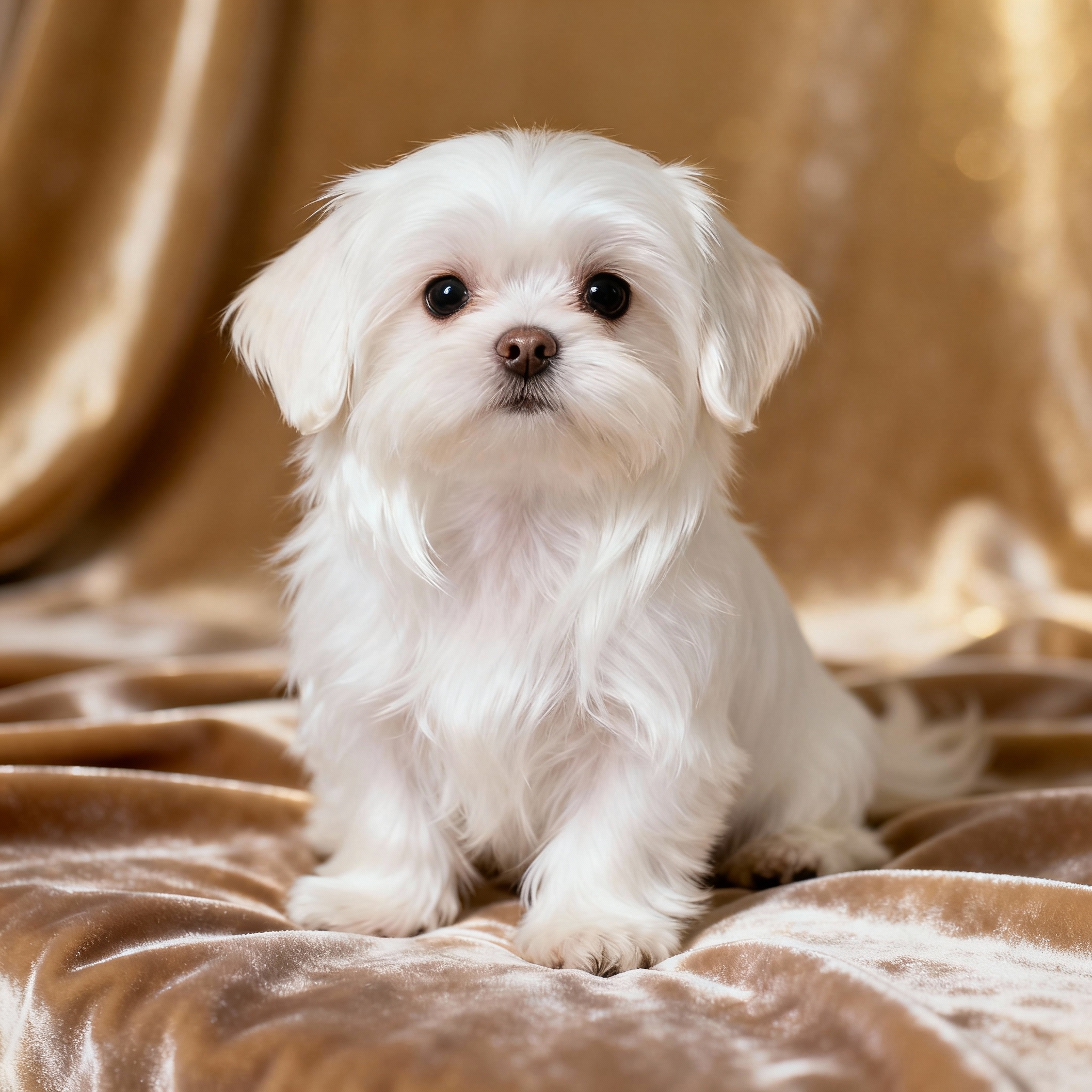 Chiot Maltese blanc pelage long, petite taille, assis sur tissu luxueux, grooming professionnel