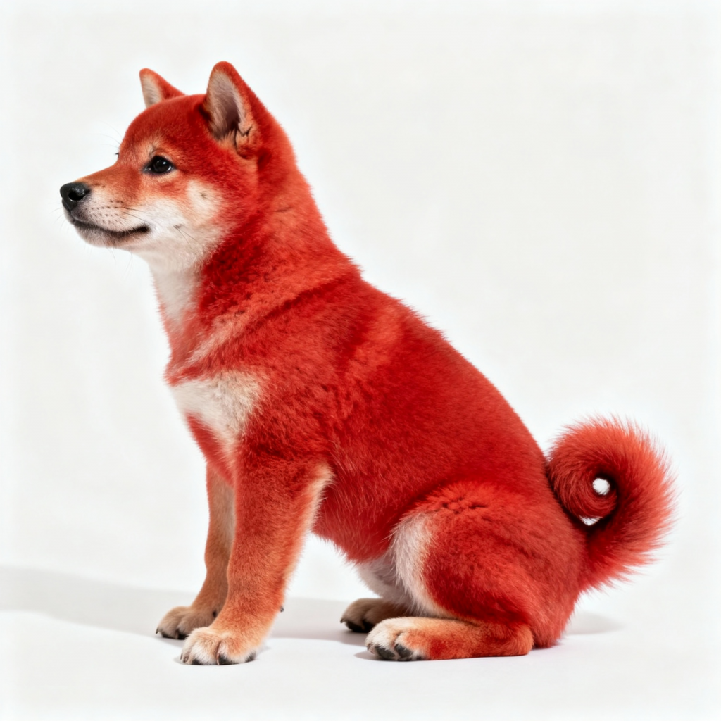 Chiot Shiba Inu roux queue enroulée, face de renard, expression alerte, studio blanc