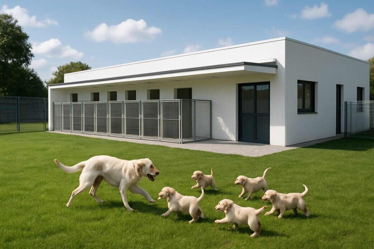 Élevage canin professionnel avec bâtiment moderne et espace extérieur sécurisé