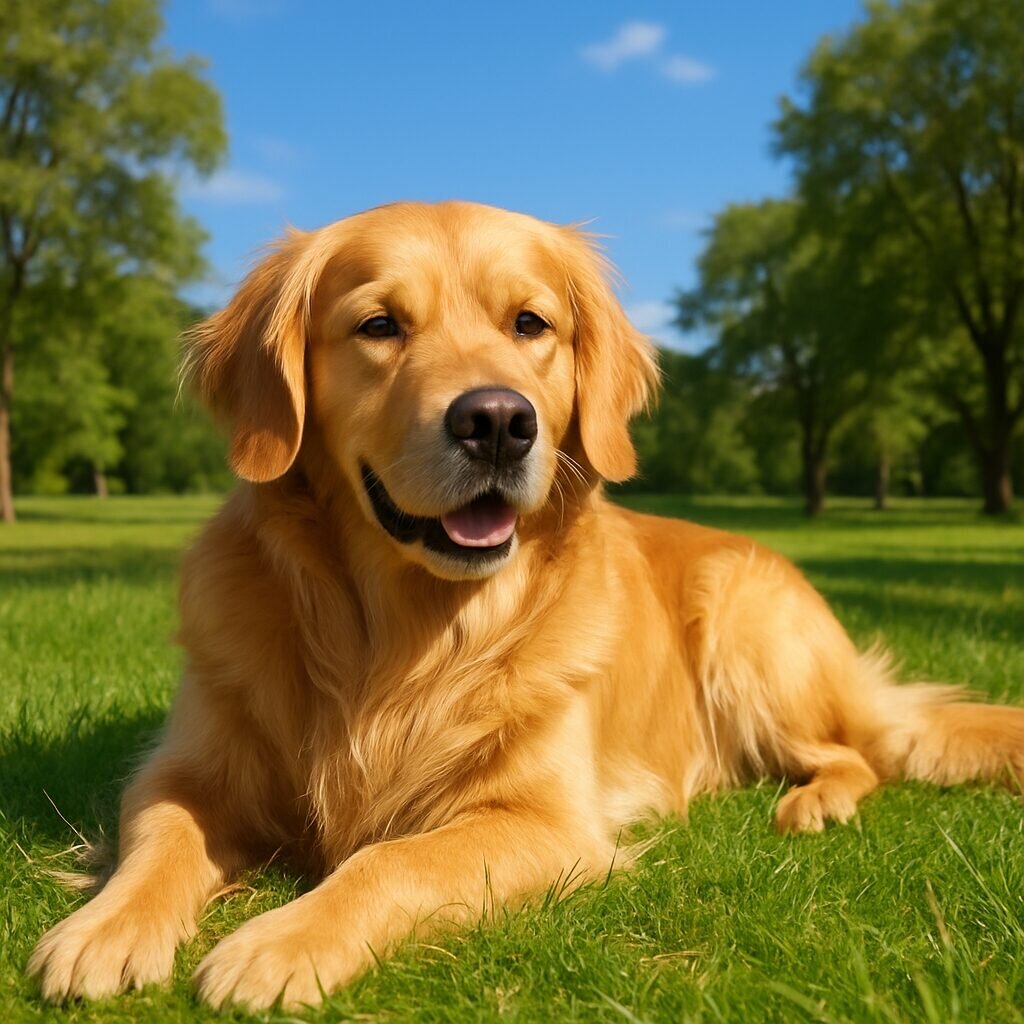 Golden Retriever couché sur l'herbe verte dans un parc, pelage doré brillant