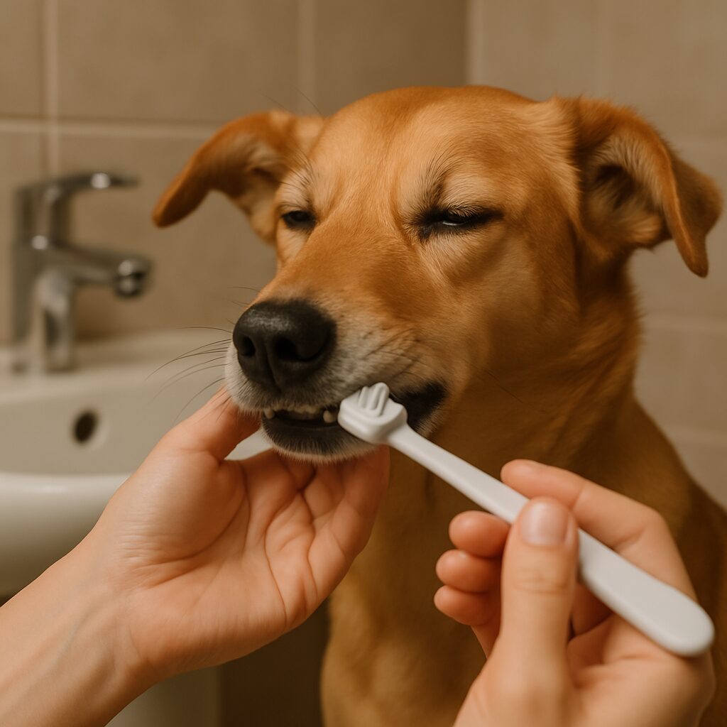 Maître brossant délicatement les dents de son chien avec brosse douce spécialisée, hygiène dentaire quotidienne