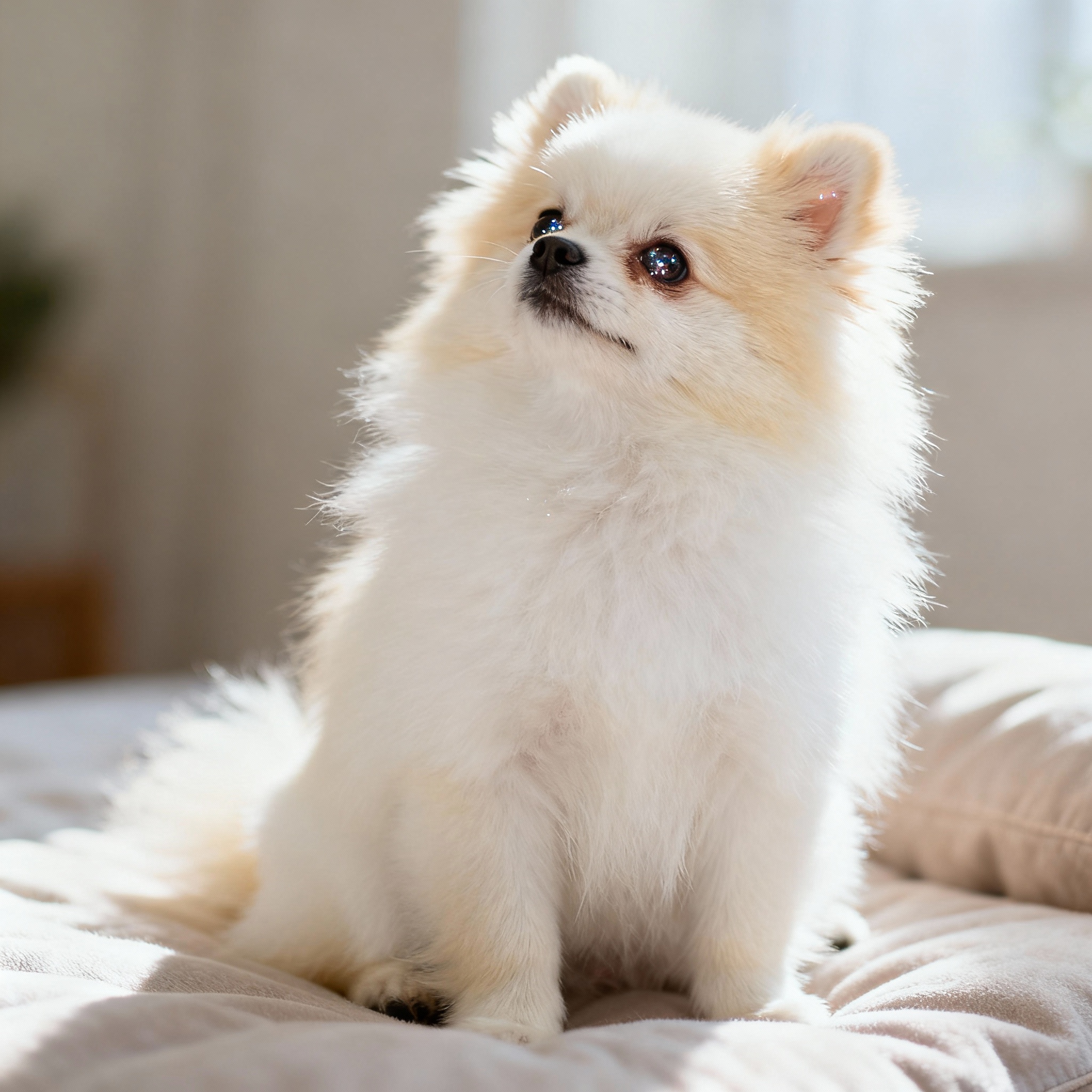 Pomeranian blanc et crème assis sur coussin, pelage fluffy, studio professionnel