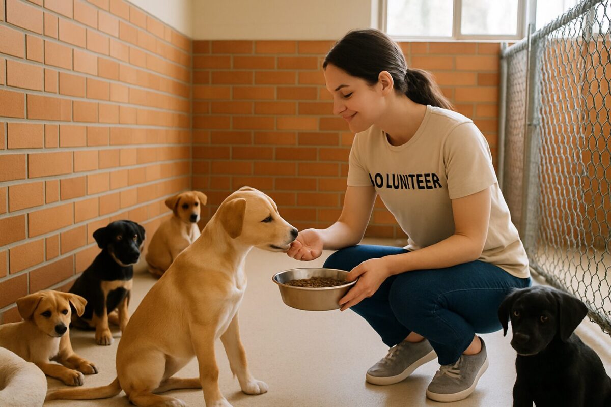 Refuge pour animaux intérieur avec enclos propres et lumineux, bénévole nourrissant un chien