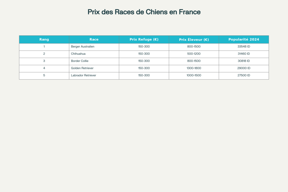Tableau comparatif prix adoption refuge vs éleveur 2025 : Berger Australien Golden Retriever Chihuahua Border Collie Labrador Retriever
