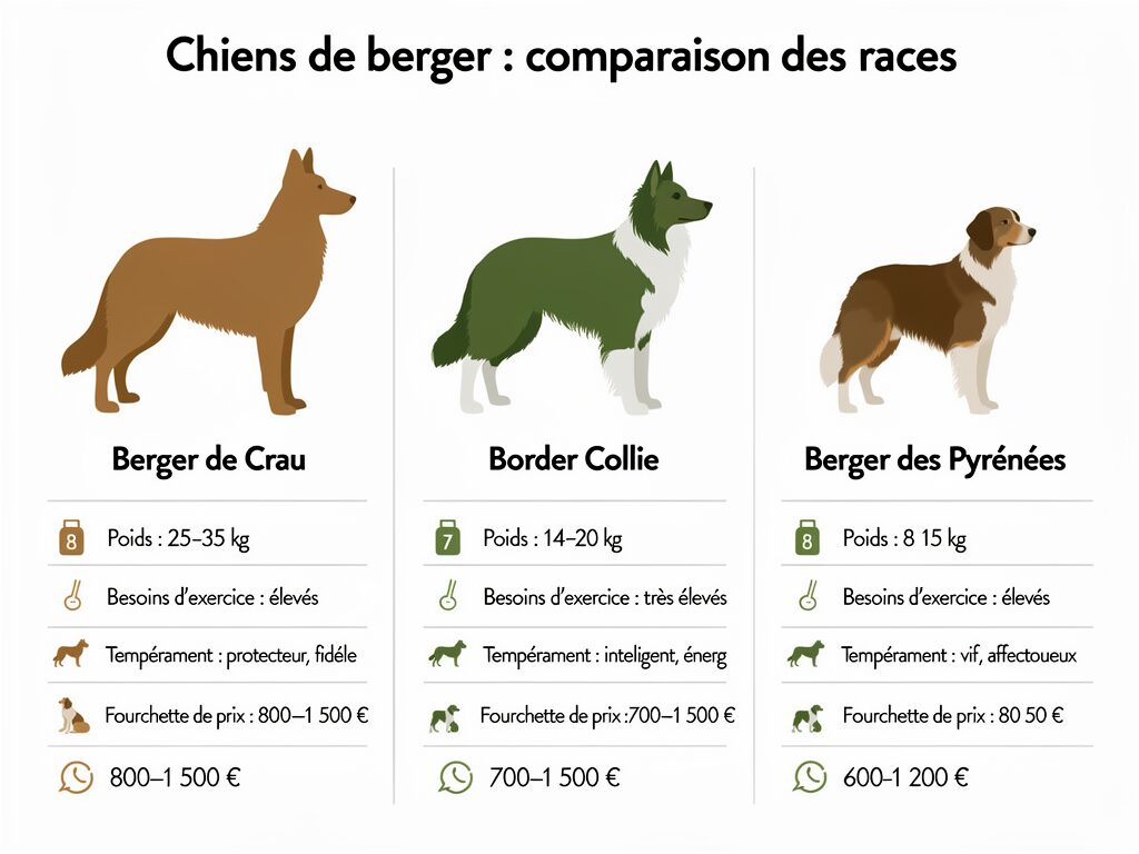 Tableau comparatif Berger de Crau, Border Collie et Berger des Pyrénées selon gabarit, exercice et tempérament