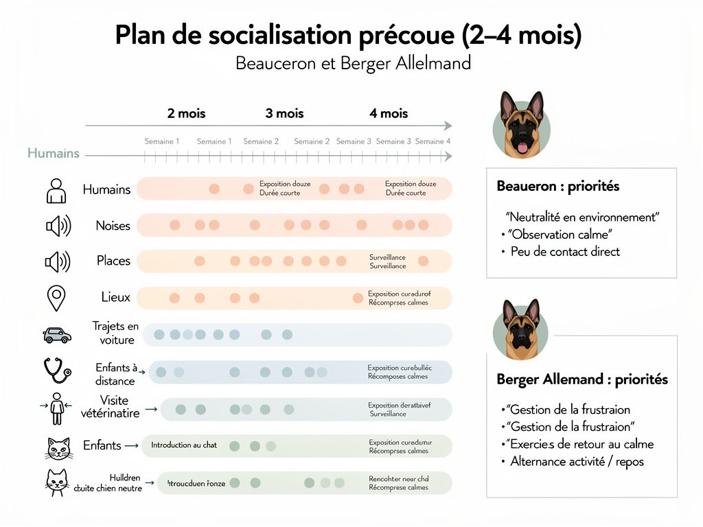 Schéma de socialisation précoce Beauceron et Berger Allemand avec repères chiot et gestion familiale