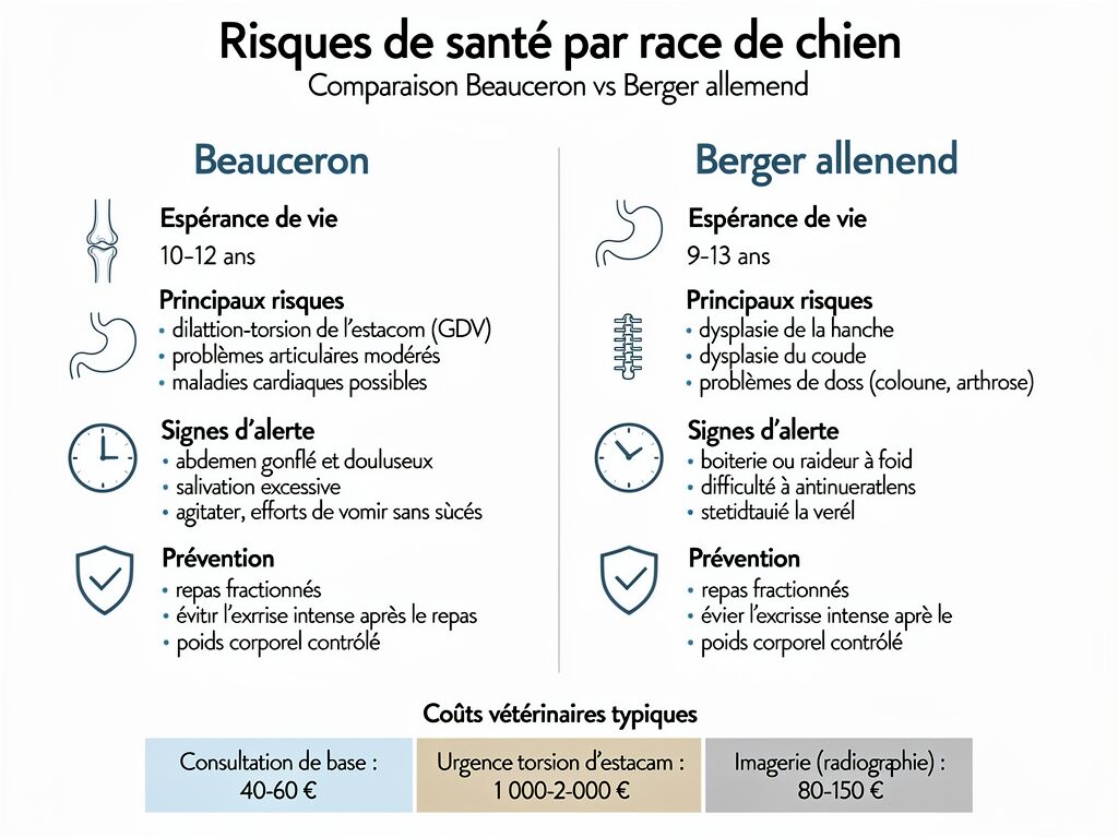 Infographie santé Beauceron vs Berger Allemand sur dysplasie, torsion gastrique et longévité