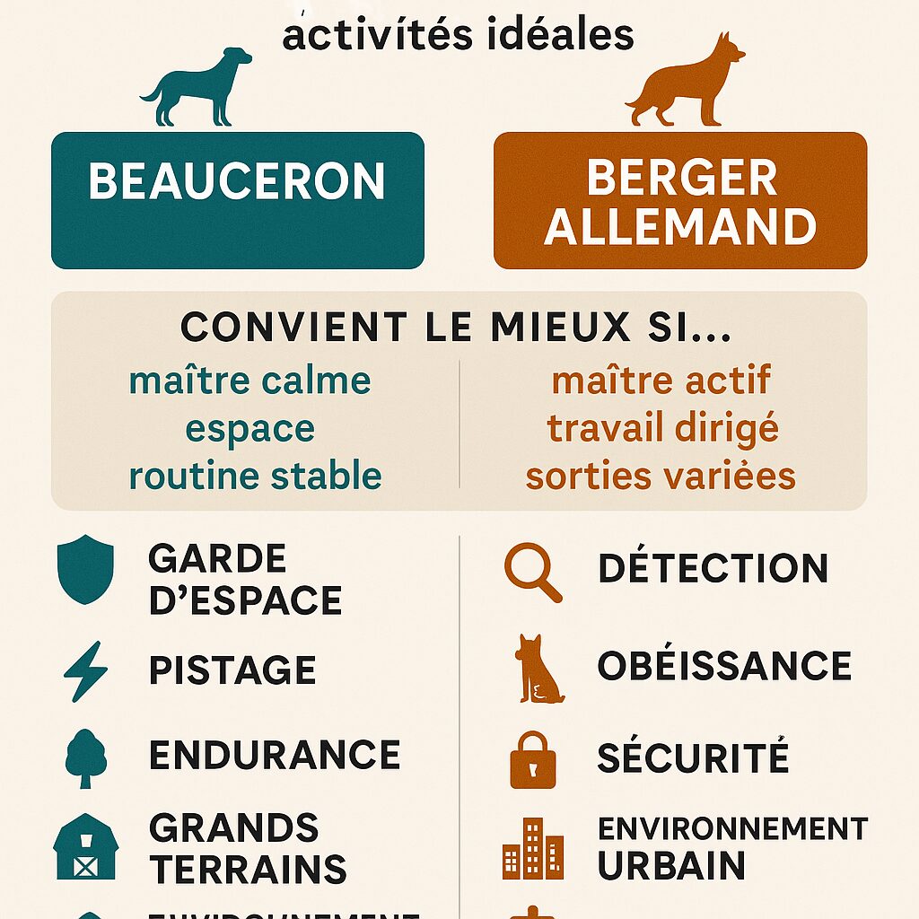 Infographie Beauceron vs Berger Allemand pour activités canines, pistage et garde
