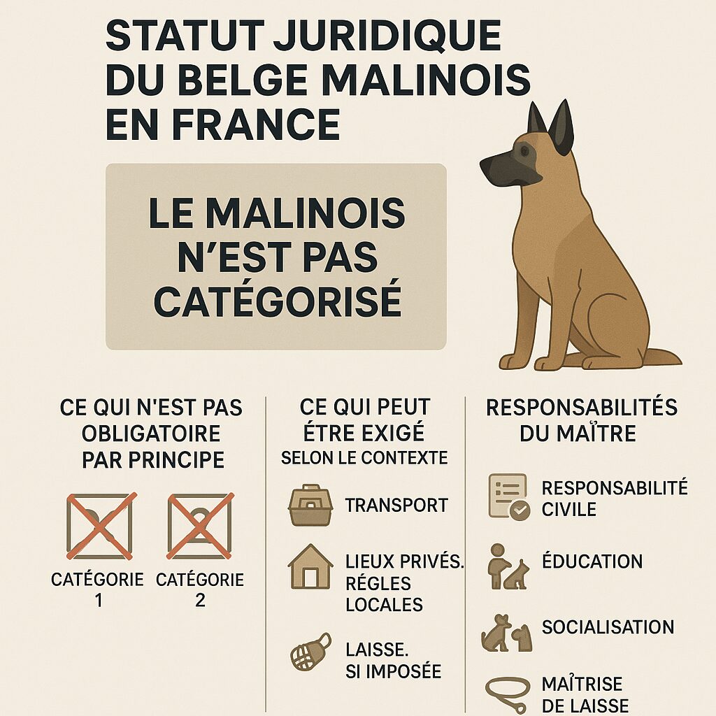 Infographie statut légal du Berger Belge Malinois en France, chien non catégorisé et règles de responsabilité