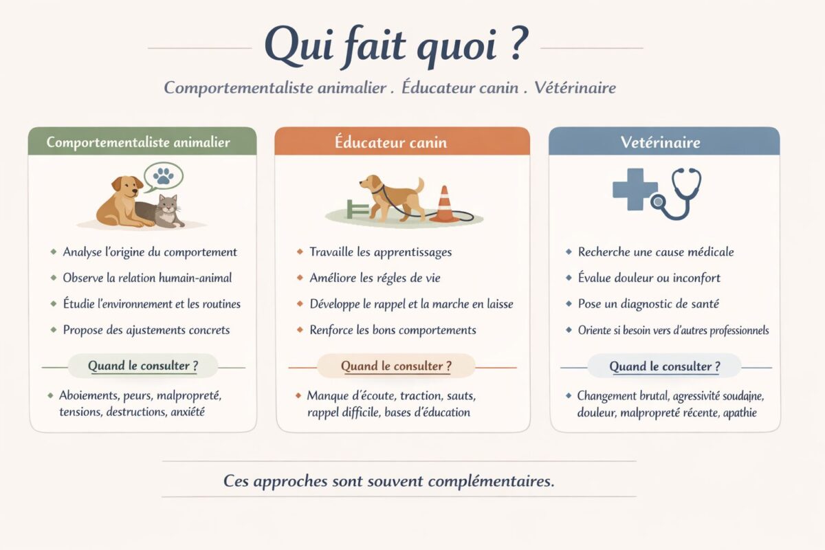 Comparatif entre comportementaliste animalier, éducateur canin et vétérinaire