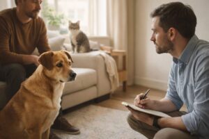 Consultation à domicile avec un comportementaliste animalier observant un chien et un chat avec leur propriétaire