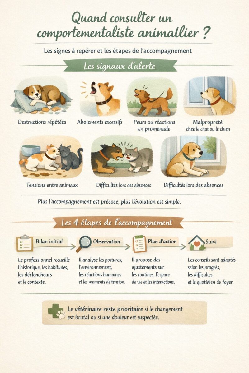 Infographie sur les signes d’alerte et les étapes d’un accompagnement en comportement animal